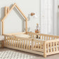 Twin House-Shaped Headboard Floor Bed with Fence Natural