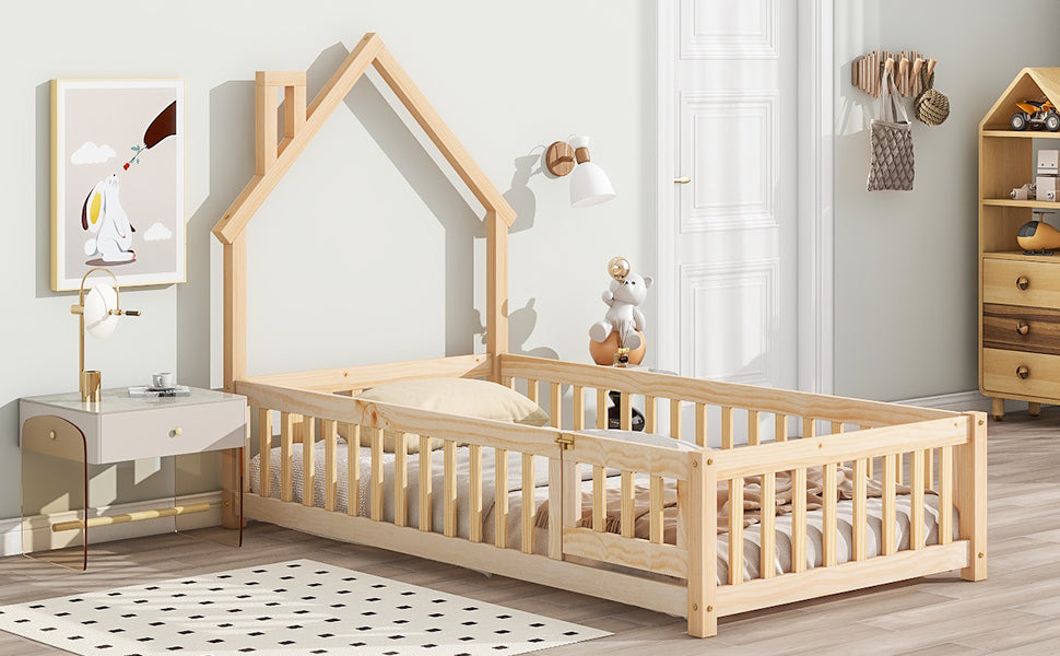 Twin House-Shaped Headboard Floor Bed with Fence Natural