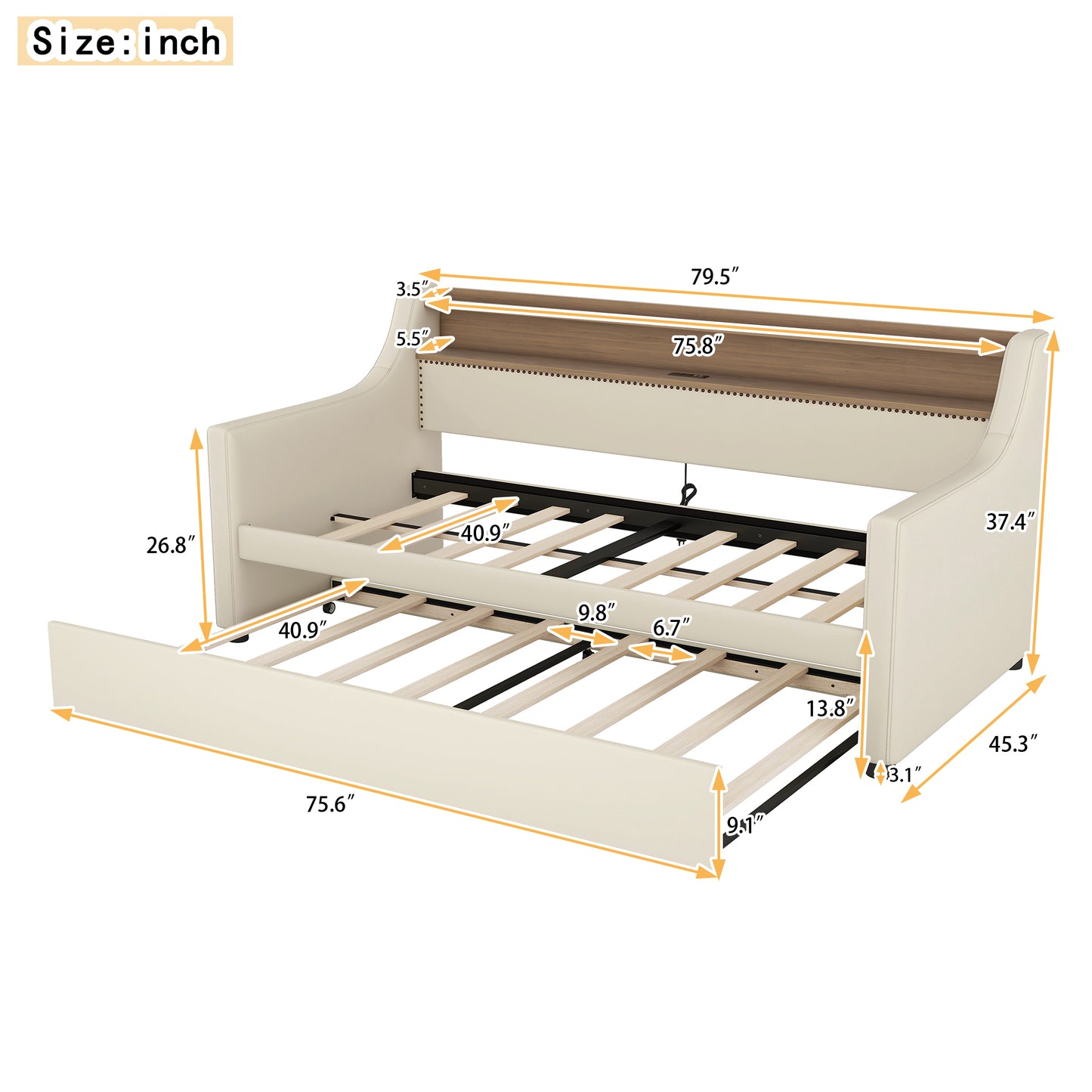 Twin Size Daybed with Trundle, Upholstered Daybed with Charging Station and LED Lights, Beige