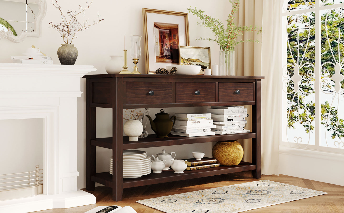 Retro Design Console Table with Two Open Shelves, Pine Solid Wood Frame and Legs for Living Room (Espresso)