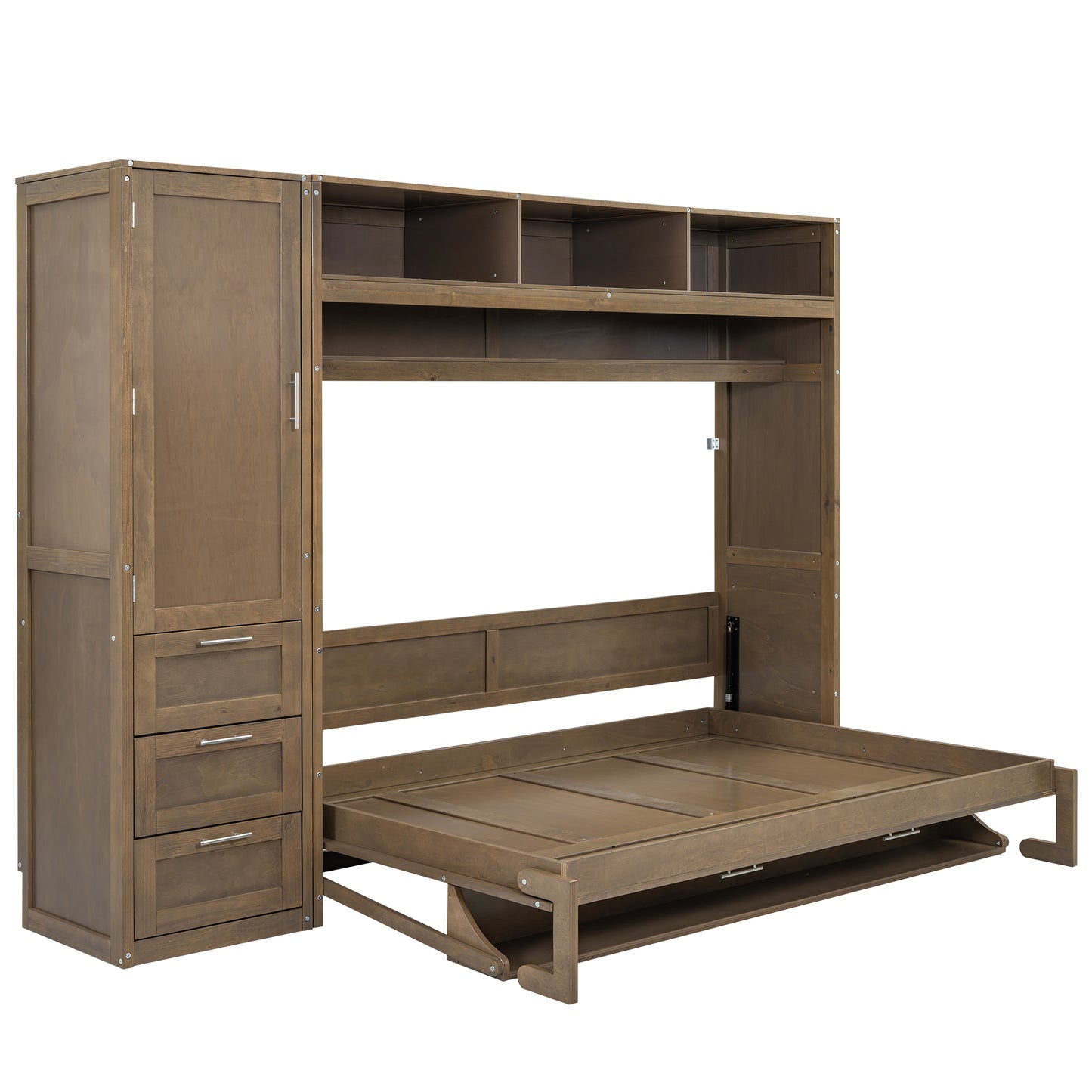 Full Size Murphy Bed with Wardrobe, Drawers, and Open Shelves, Antique Grey Finish for Functional Bedrooms