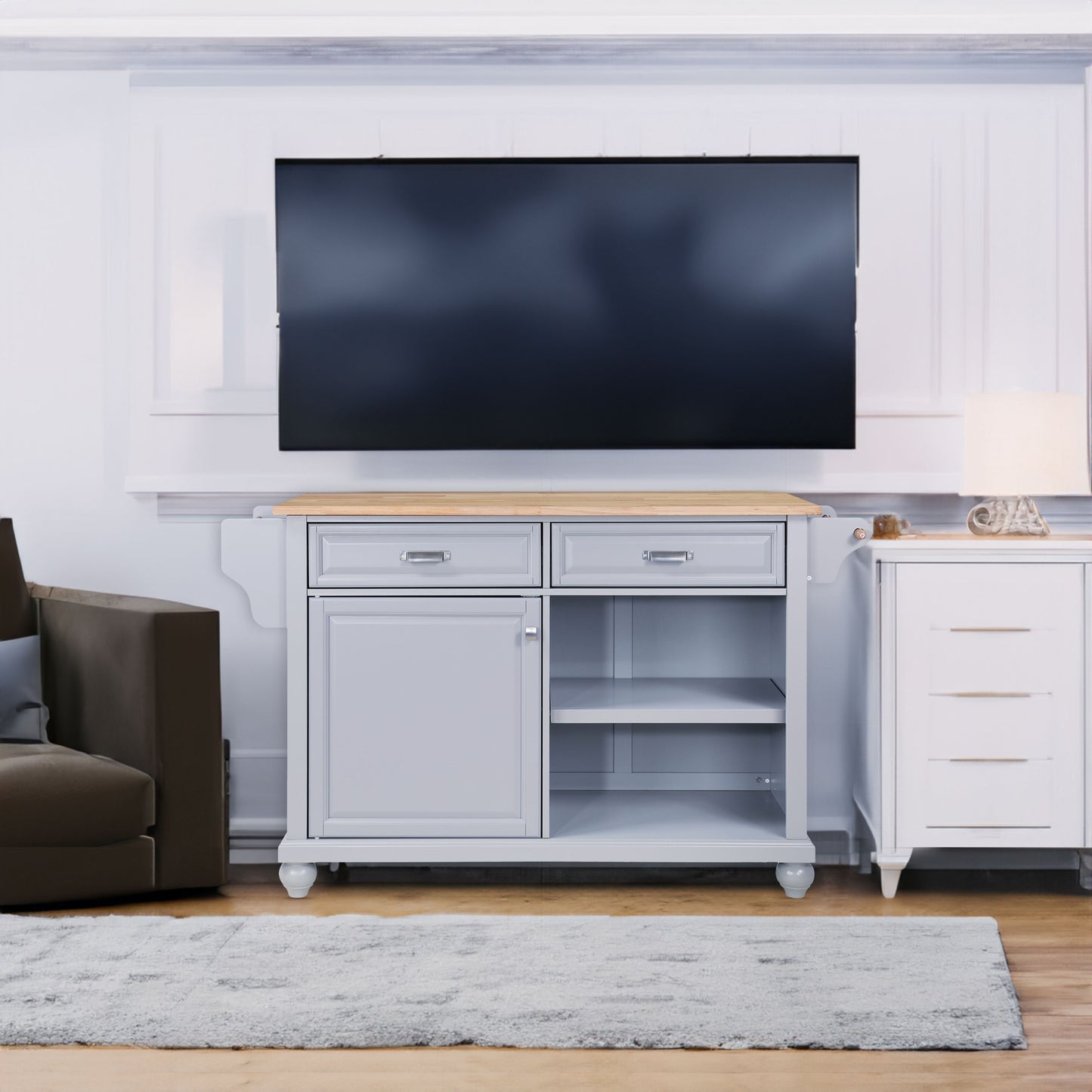 Cambridge Kitchen Island with Natural Wood Top, Storage Cabinet, and Gray + Solid Wood + MDF Design