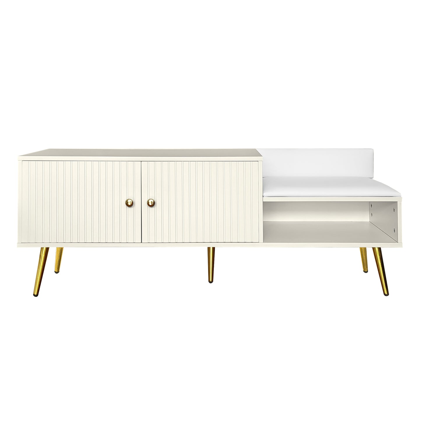 Modern Shoe Storage Bench with Hidden Storage and Upholstered Cushions, Antique White Finish