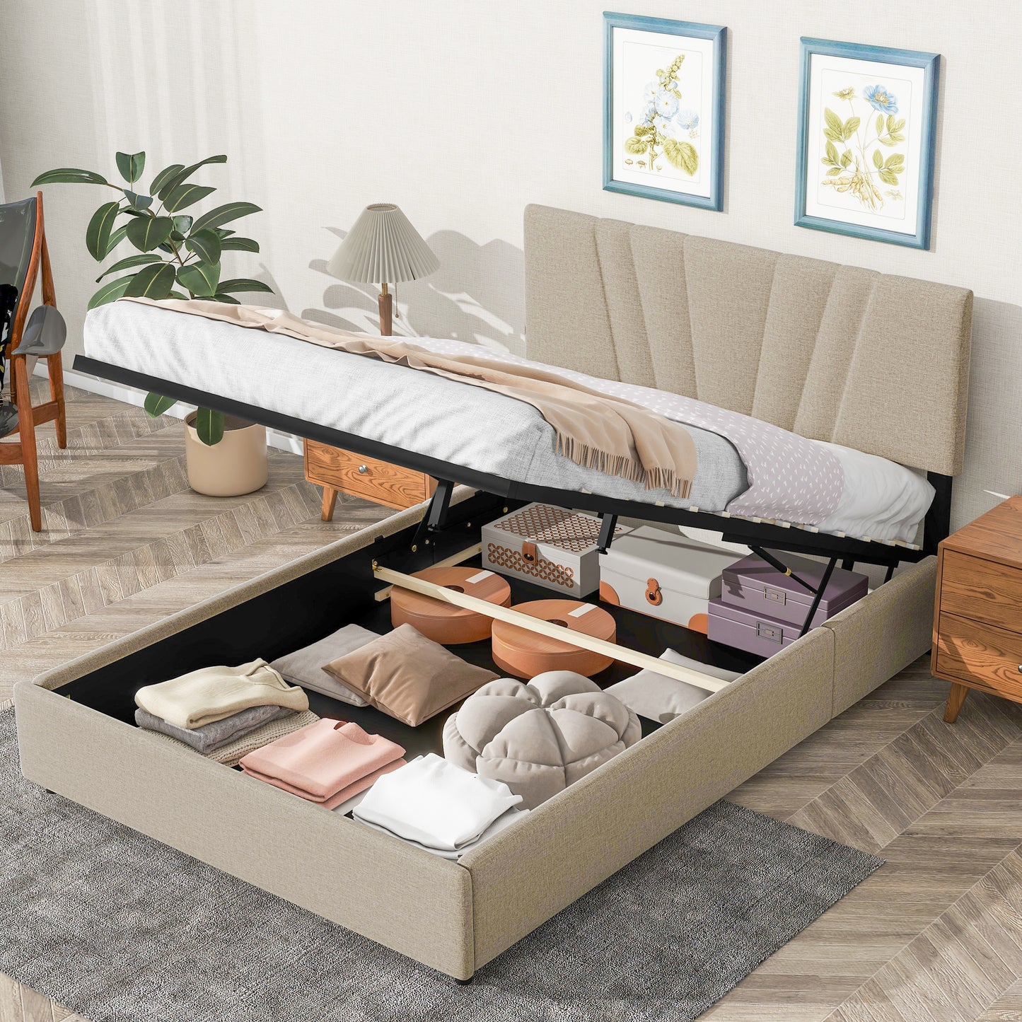 Full Upholstered Platform Bed with Lifting Storage Full Size Bed Frame with Storage and Tufted Headboard