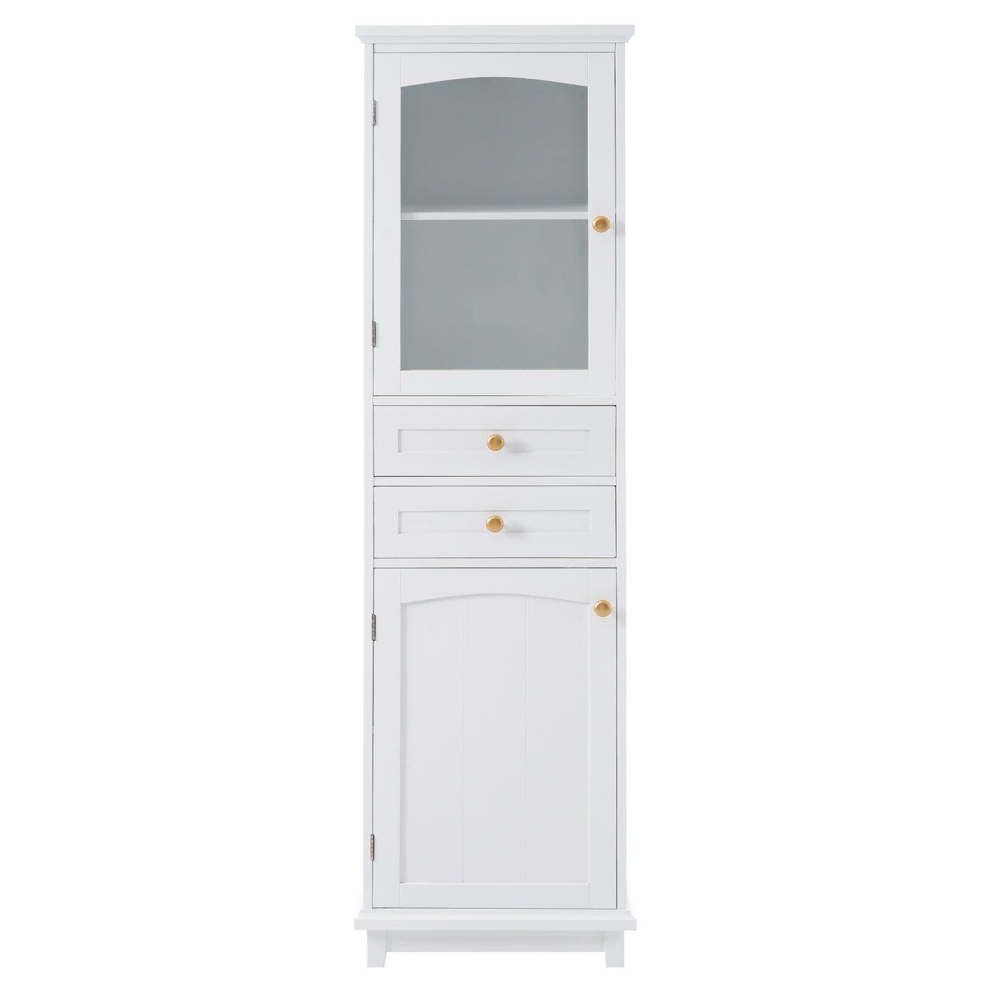 High bathroom storage cabinet with glass door, freestanding, two drawers and adjustable shelves, MDF board, painted white