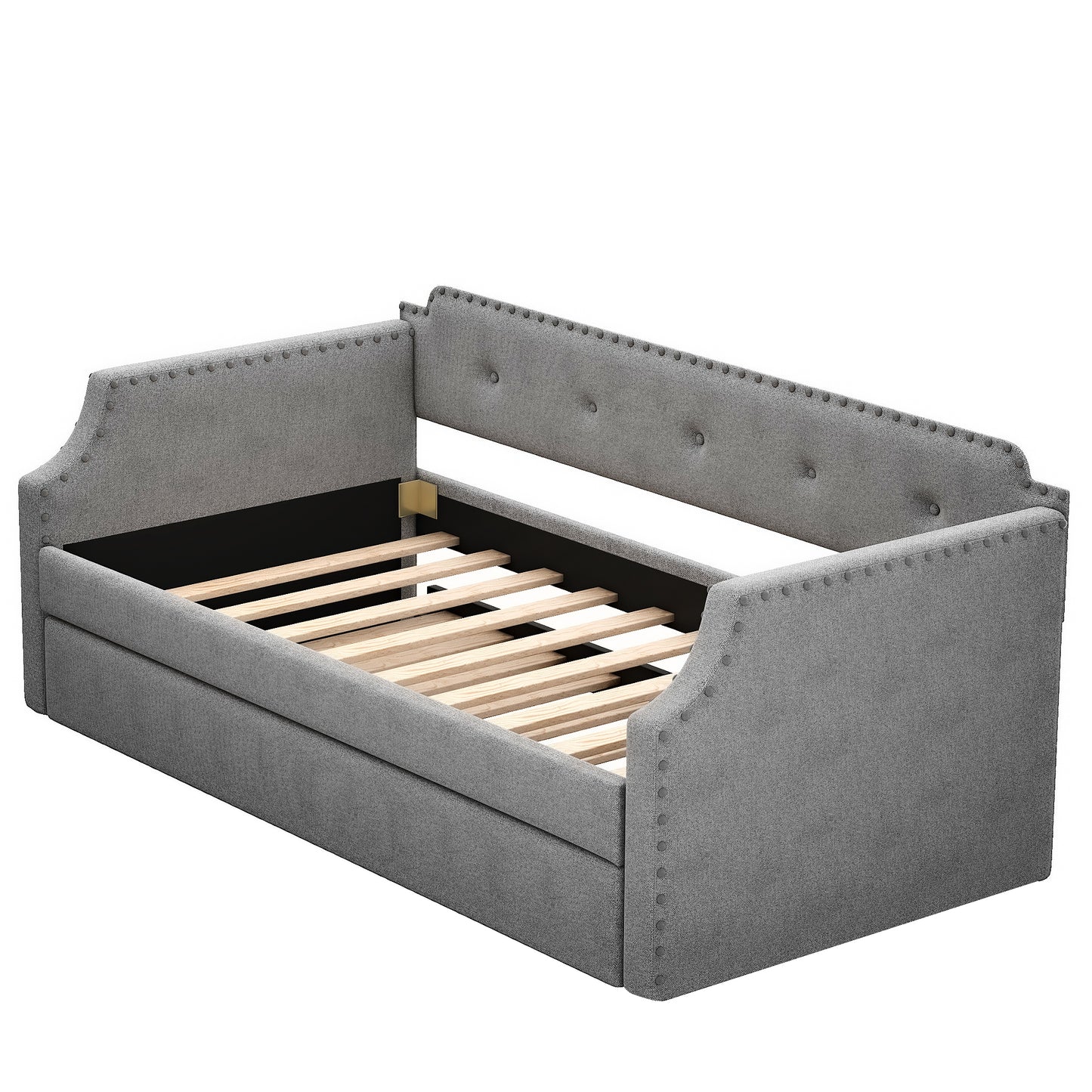 Upholstered Daybed with Trundle, Wood Slat Support,Upholstered Frame Sofa Bed   Twin Gray