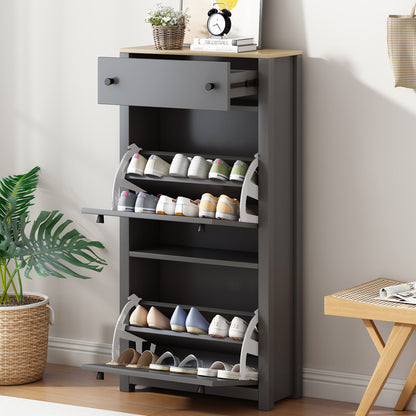 ONTREND functional with 2 flipped drawers, top shoe cabinet with adjustable panel, independent shoe rack, gray