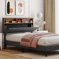 Full Size Upholstered Platform Bed with Storage Headboard and USB Port, Linen Fabric in Gray