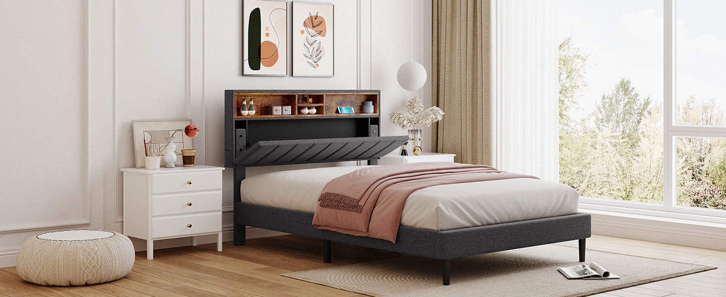 Full Size Upholstered Platform Bed with Storage Headboard and USB Port, Linen Fabric in Gray