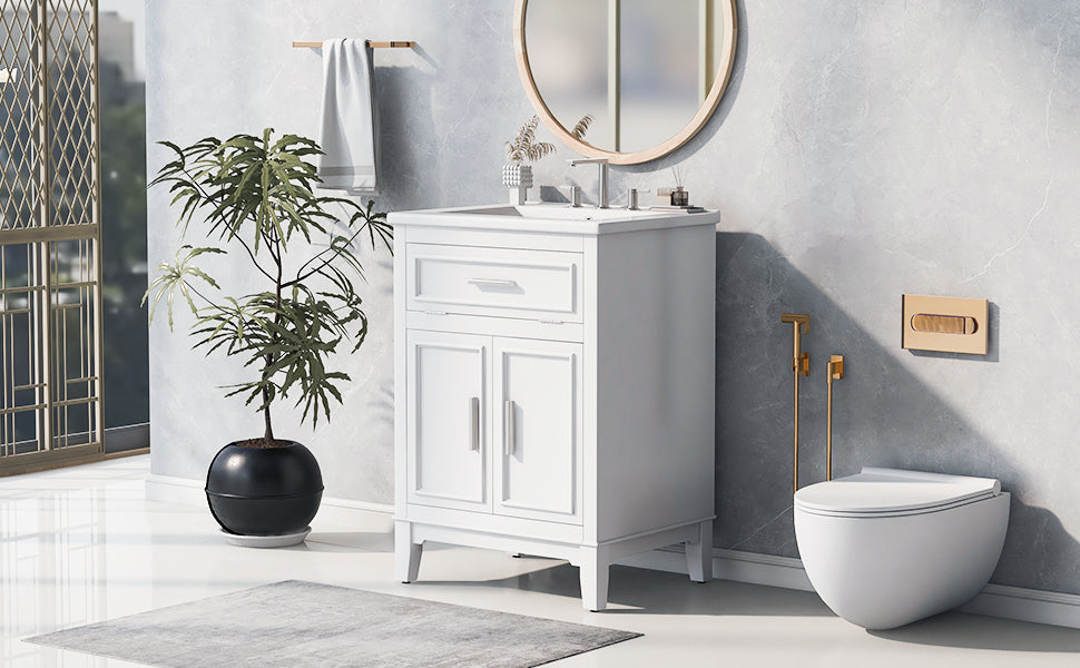 24" Bathroom Vanity with Sink, Solid Wood and MDF Cabinet with One Flip Drawer and Doors, White