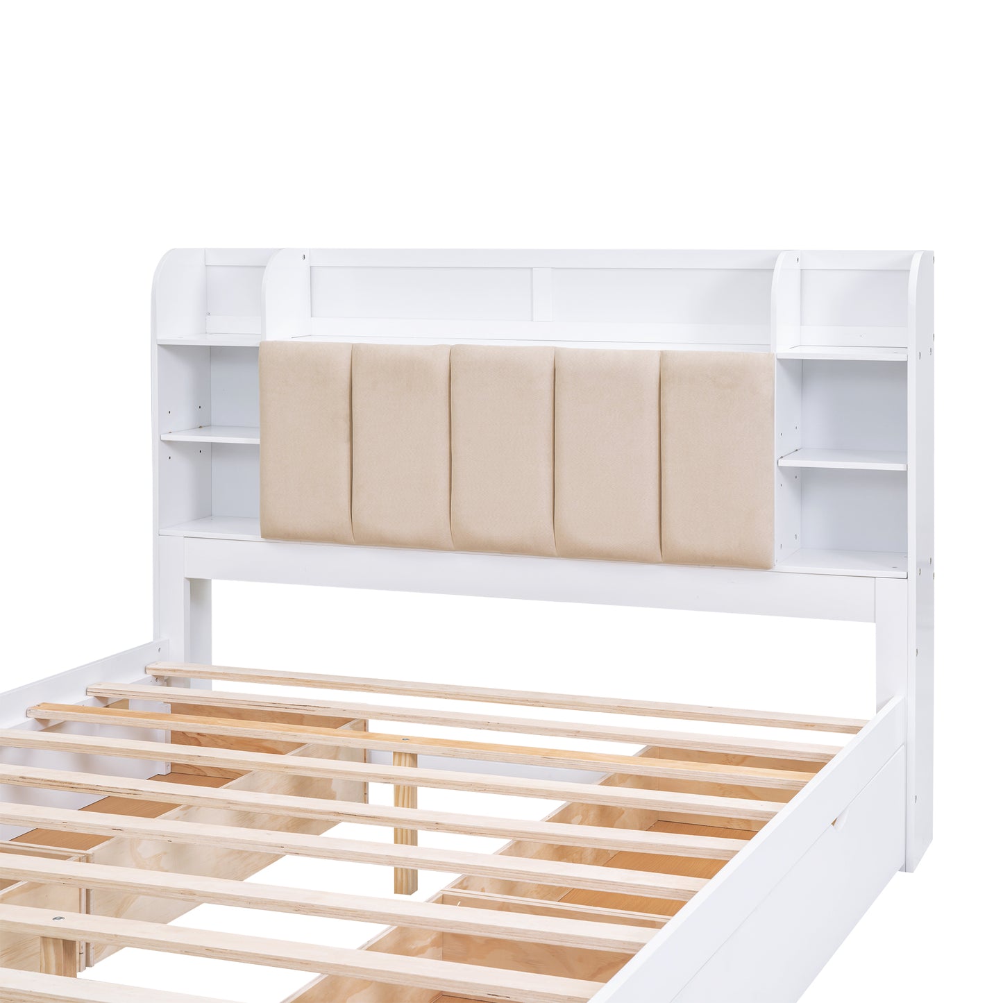 Wood Queen Size Platform Bed with Storage Headboard  Shelves and 4 Drawers  White