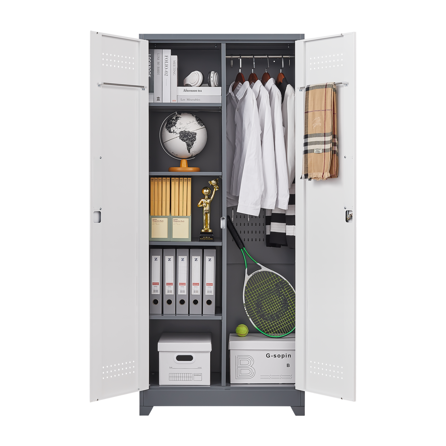 Metal storage cabinets, lockable cleaning tool cabinets, high broom tool organizers, and large storage cabinets in storage store