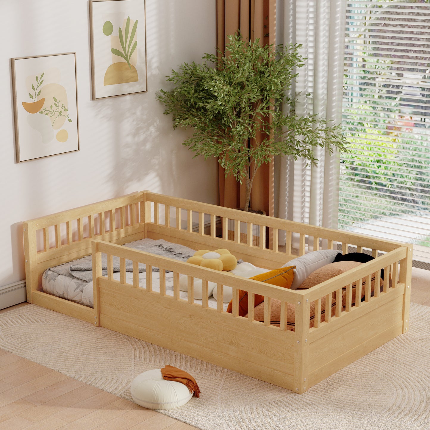 Twin Floor Bed Frame with Fence, Wood Kids Floor Beds Frame for Bedroom Playroom,Natural