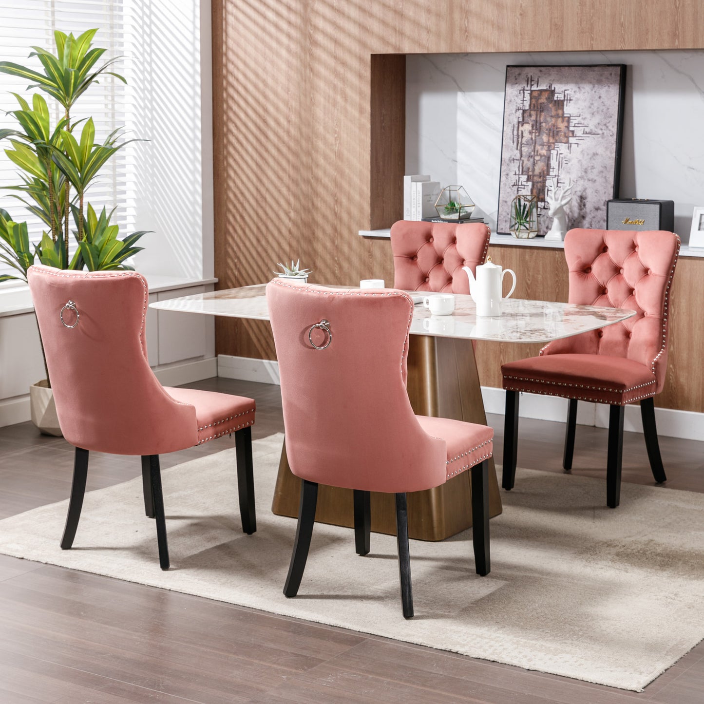 High-end Tufted Solid Wood Contemporary Velvet Upholstered Dining Chair with Wood Legs Nailhead Trim 2-Pcs Set Pink