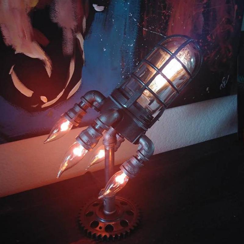 US/UK/EU/AU Plug Steampunk Rocket Lamp Punk Style Lights Metal Desktop Decor Ornaments Wall Decoration Light Led Light Lamp