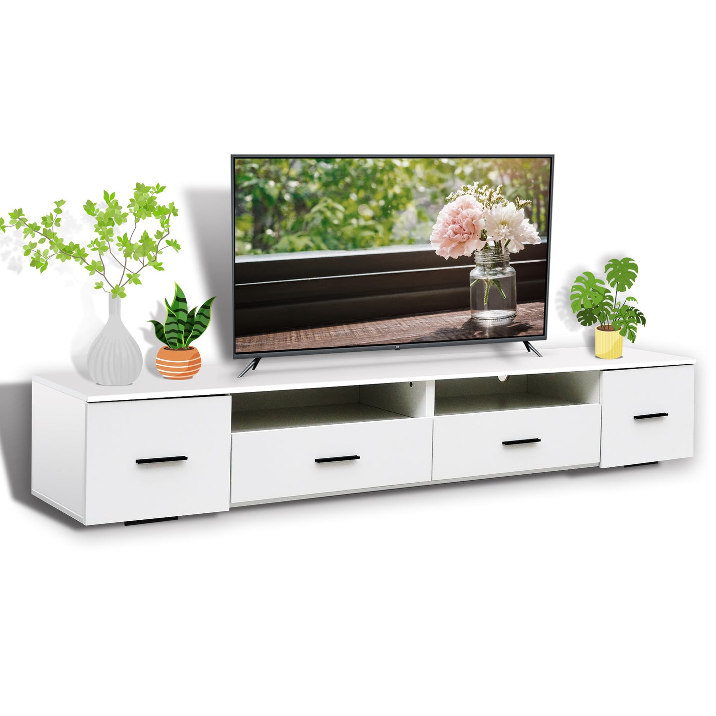 Mueble de TV blanco para sala de estar, moderno centro de entretenimiento para televisores de hasta 90 pulgadas