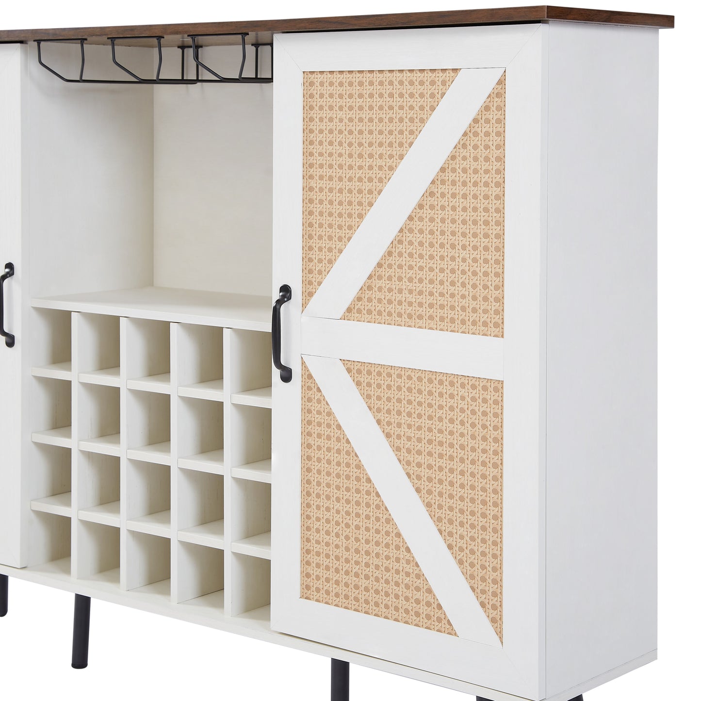 White Faux Rattan Barn Door Wine Cabinet with Wine Rack and Wine Glass Rack, Double Door Design with Removable Shelves