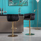 Set of 2 Bar Stools with Chrome Footrest and Swivel Base, Velvet Upholstery and Golden Legs, Black Finish