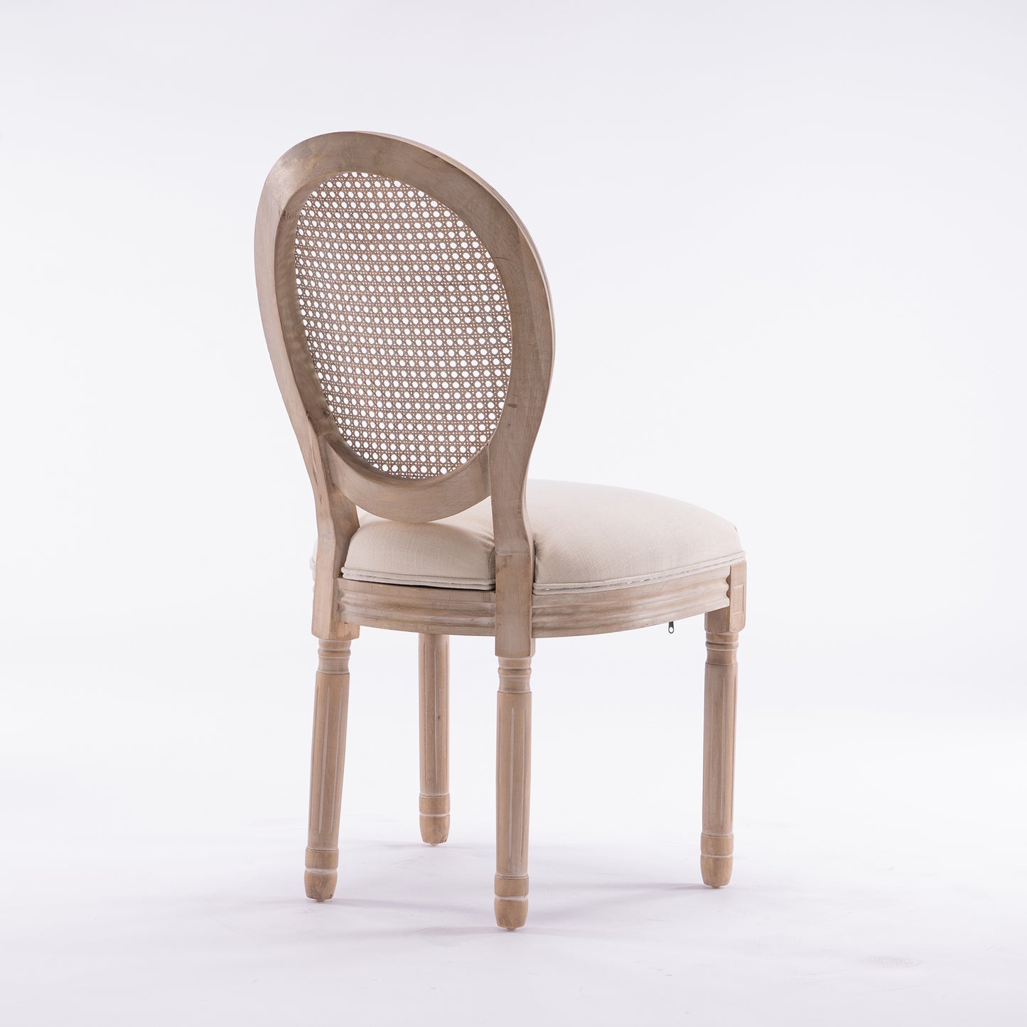 French Style Solid Wood Frame Antique Painting Linen Fabric Rattan Back Dining Chair Set of 2 Cream