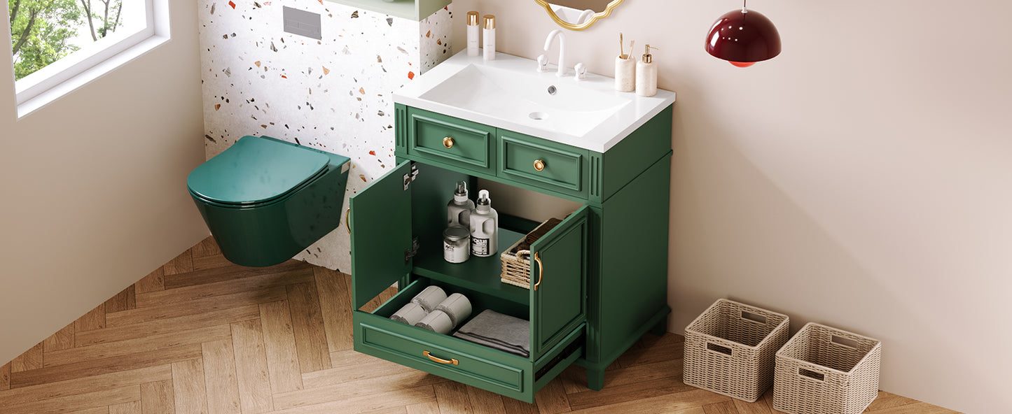 Mueble de baño descubierto de 30" con puerta de cierre suave, gabinete de almacenamiento con marco de madera maciza, acabado verde