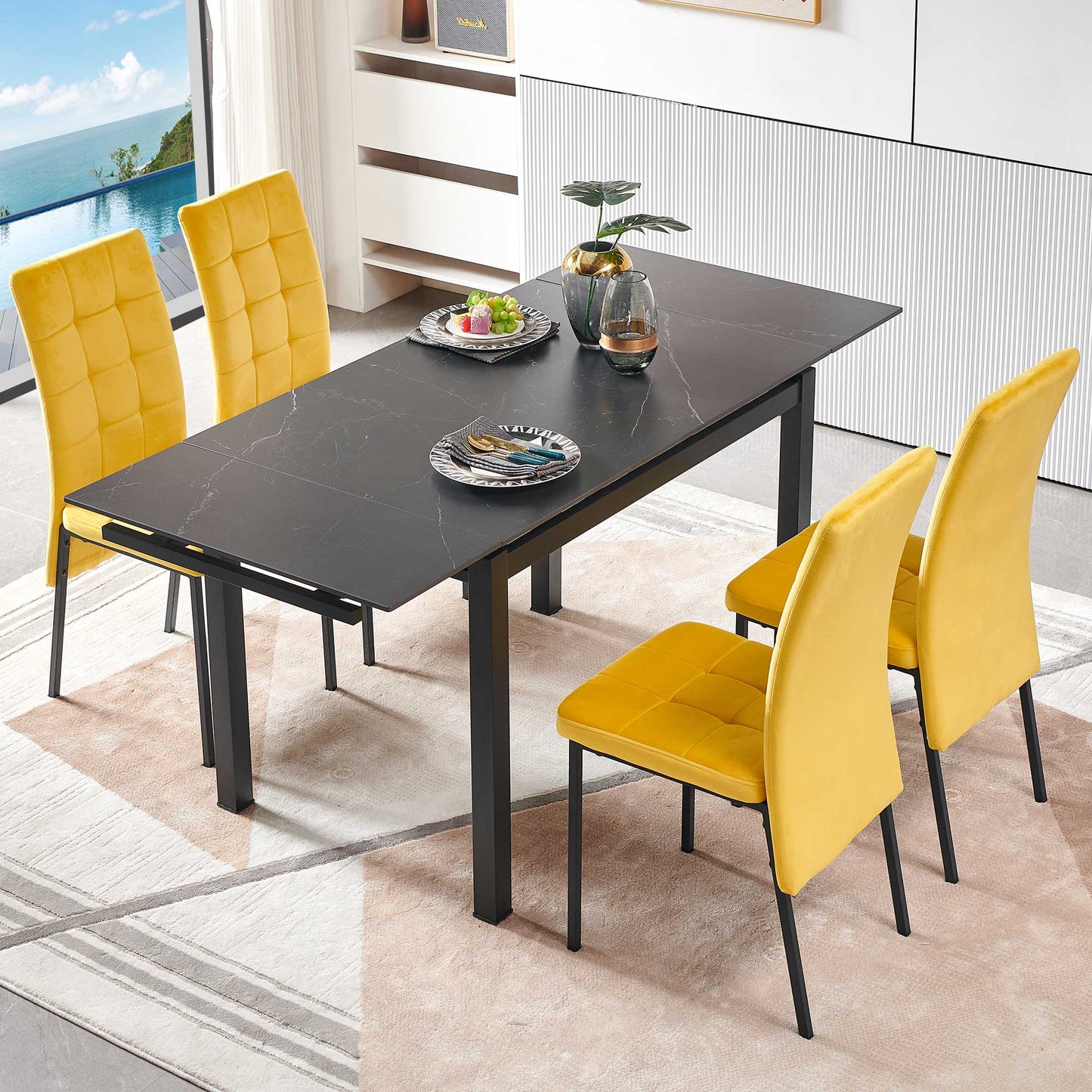 Black Ceramic Modern Rectangular Expandable Dining Room Table For Space-Saving Kitchen Small Space -Table