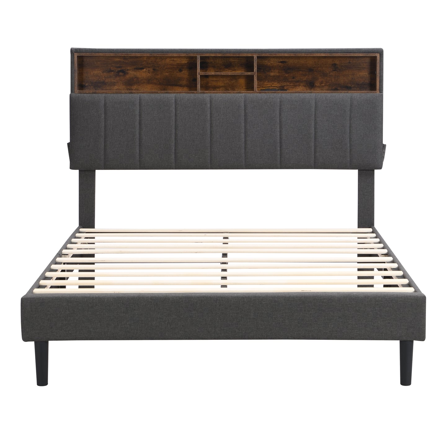 Full Size Upholstered Platform Bed with Storage Headboard and USB Port, Linen Fabric in Gray