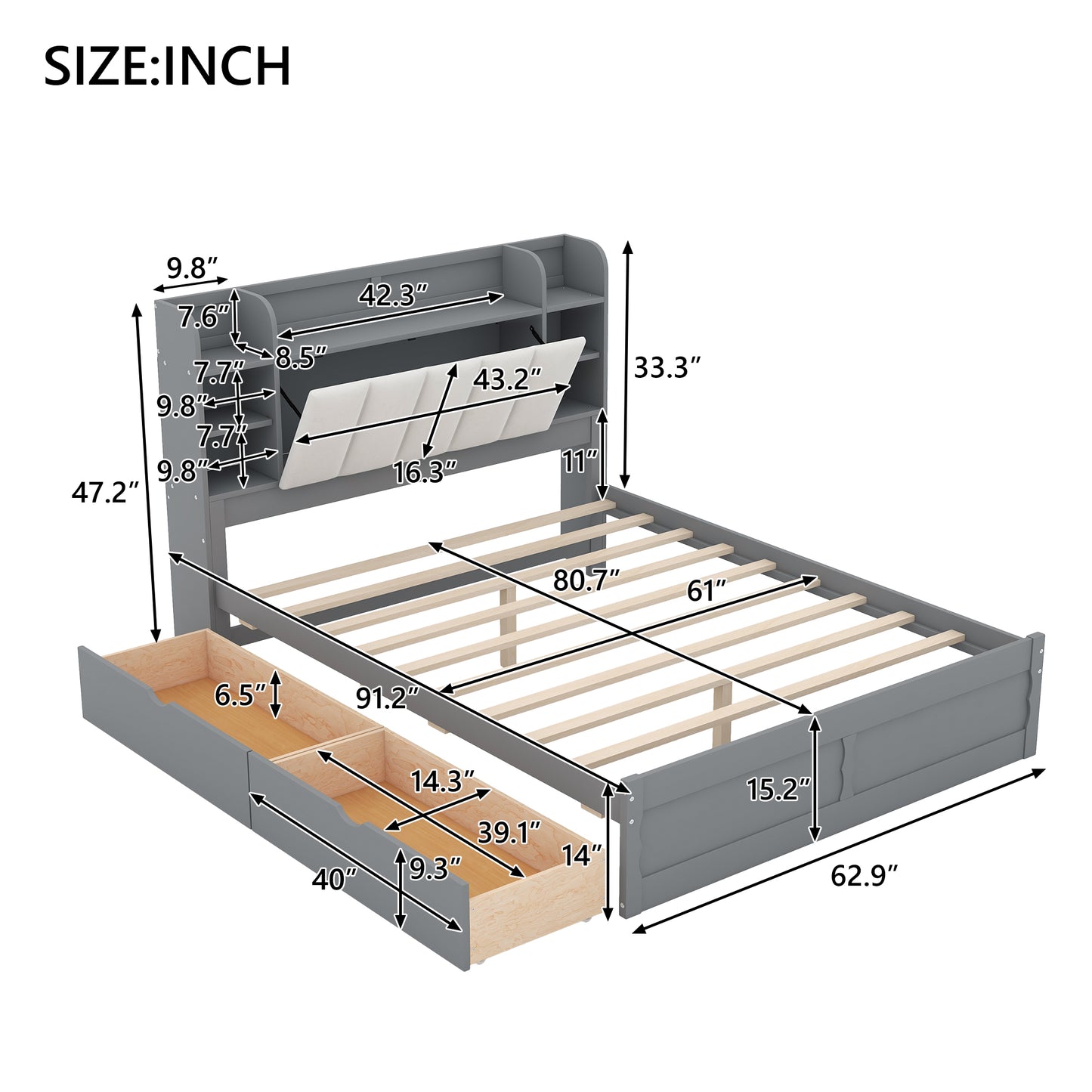 Wood Queen Size Platform Bed with Storage Headboard  Shelves and 2 Drawers  Gray