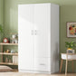 Wooden Wardrobe with Double Doors, Armoire with Hanging Rod, 5 Fixed Shelves, and 1 Drawer, White