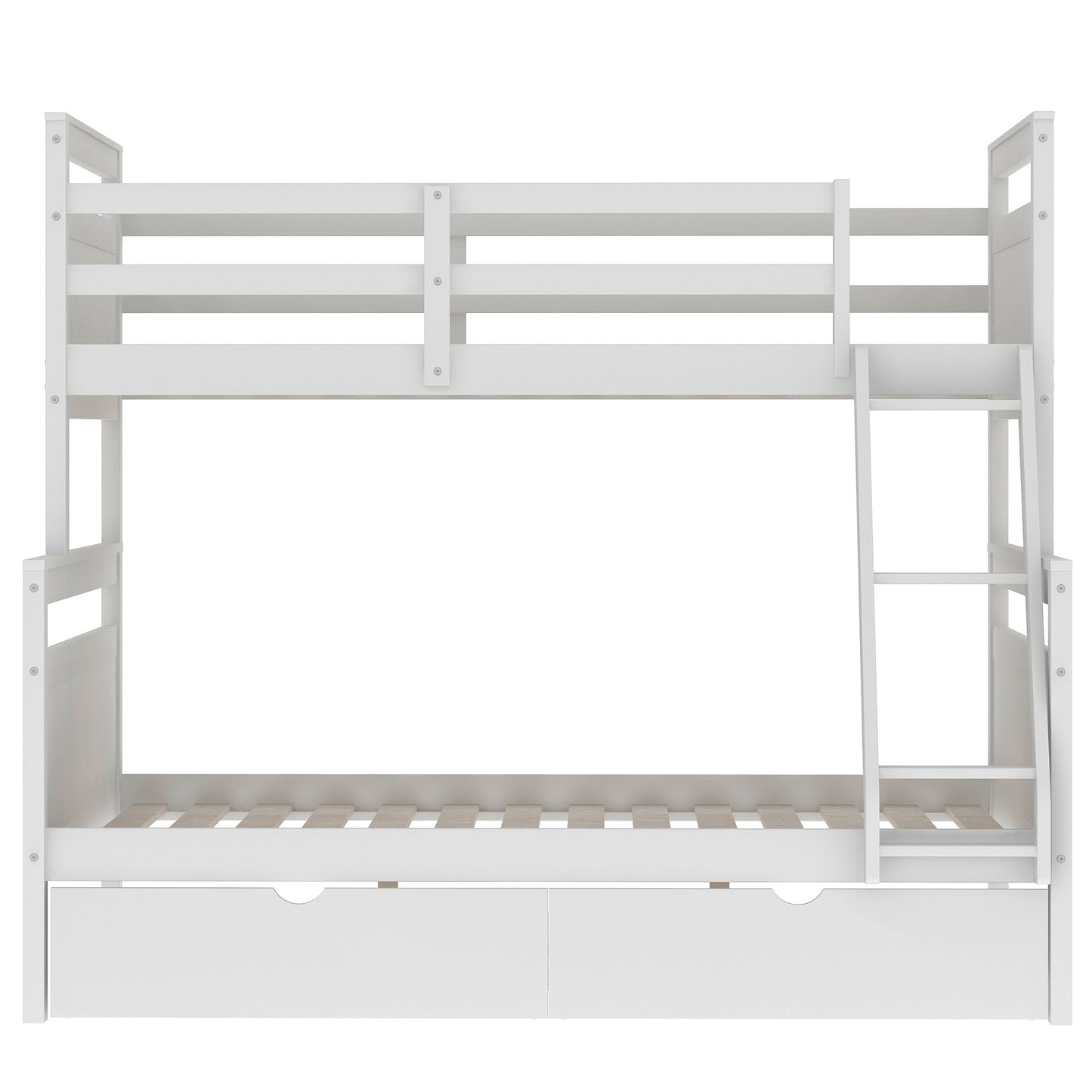 Twin over Full Bunk Bed with Ladder, Two Storage Drawers, Safety Guardrail  White