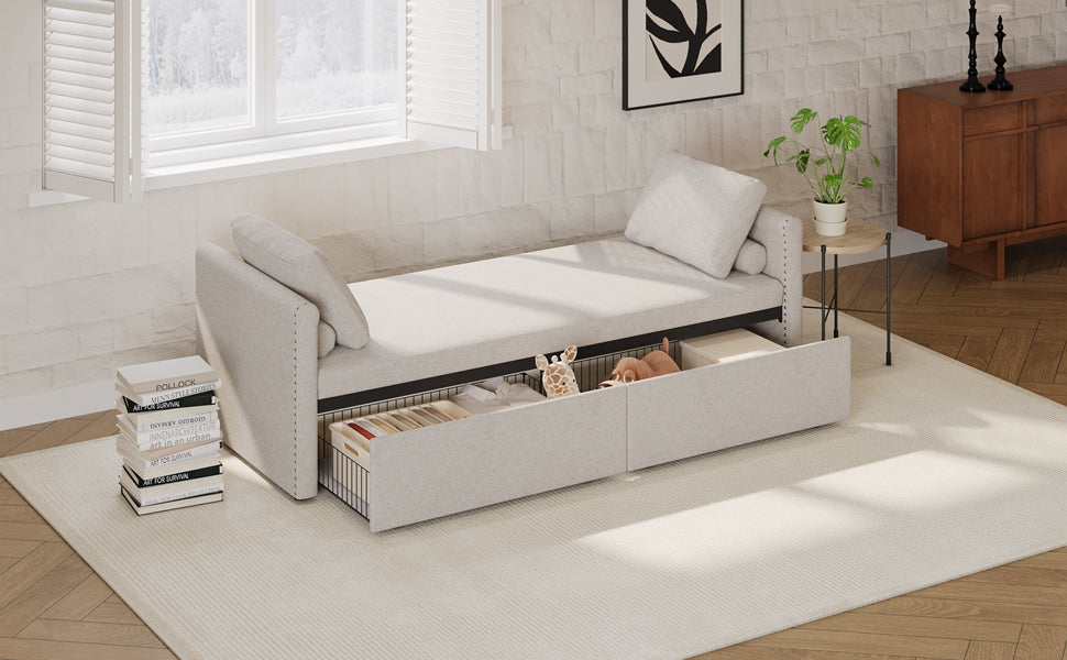 Modern Cushioned Lounge Chair Sofa Bed with 2 Drawers, Linen Fabric in Beige