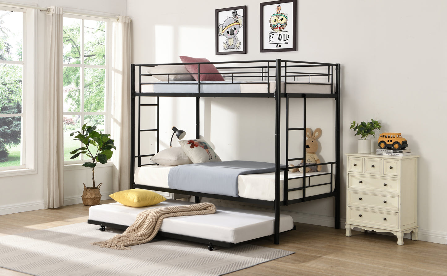 Twin bunk bed frame with trailer, metal bunk bed with sturdy guardrail and side ladder, can be divided into two beds, black