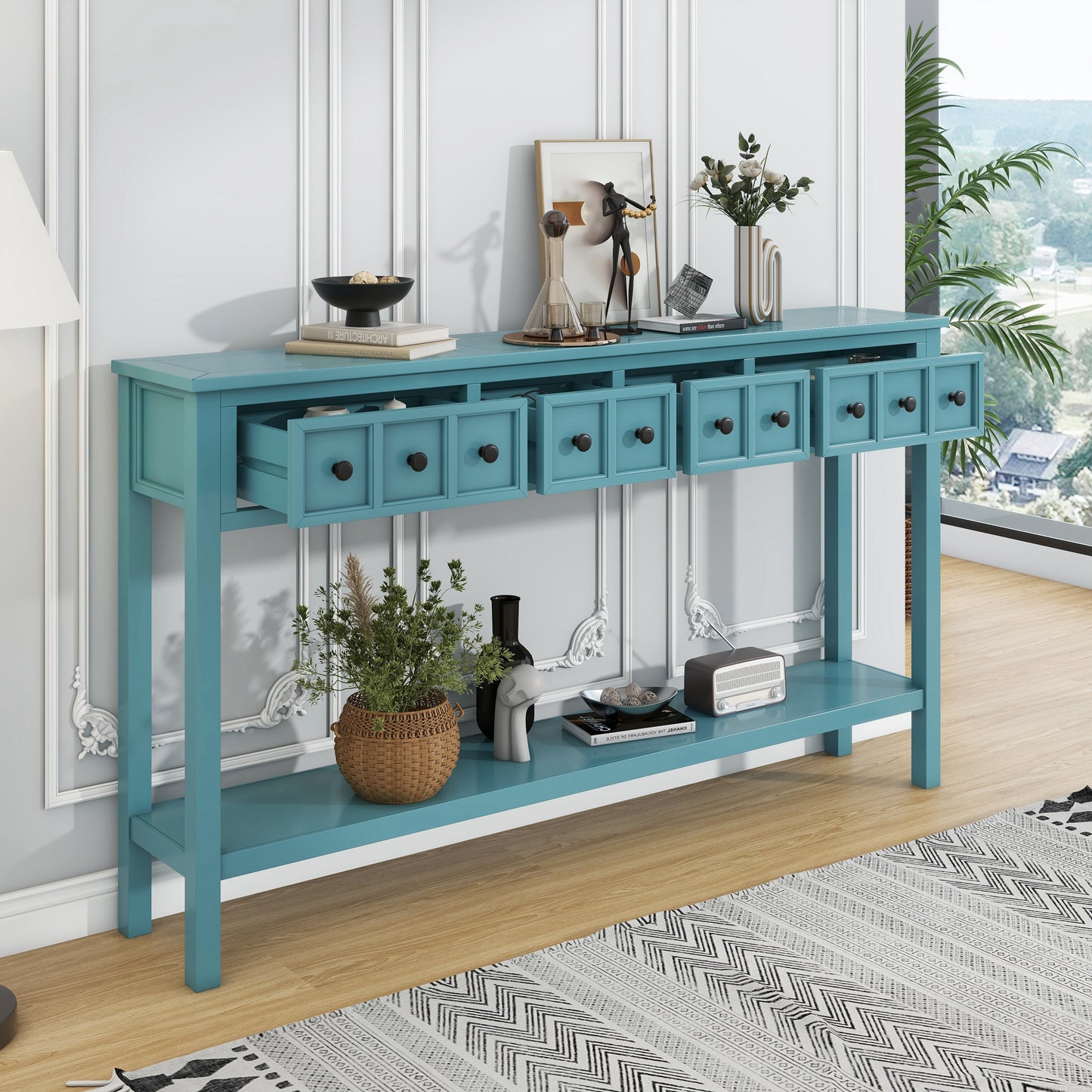 TREXM Rustic Entryway Console Table, 60-Inch Long Sofa Table with Two Drawers and Bottom Shelf, Antique Turquoise