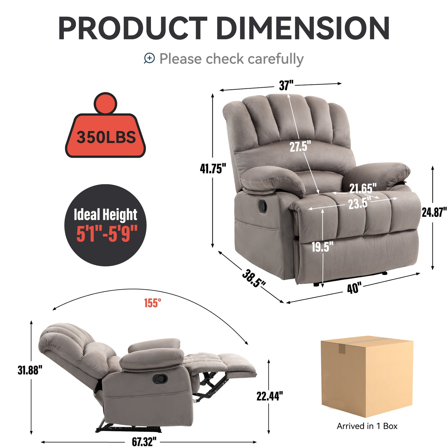 Sillón reclinable manual grande en tela, diseño cómodo para salas de estar, color gris