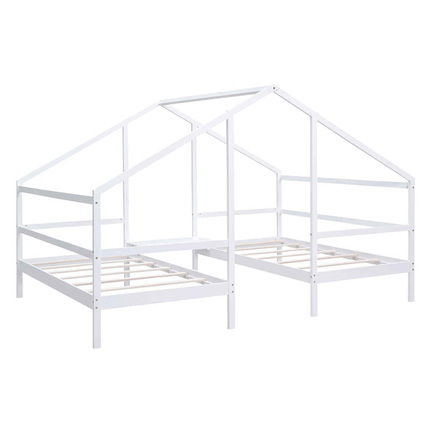 Double Twin Size Triangular House Beds with Built-in Table White