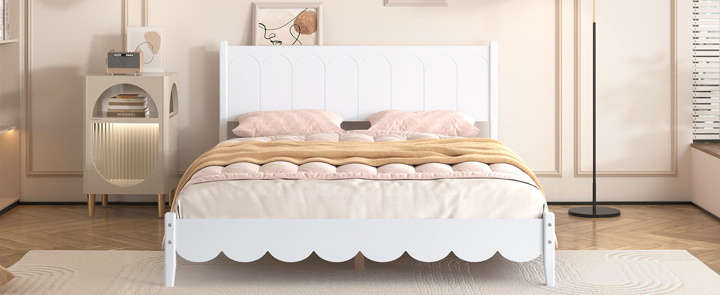 Queen Size Wood Platform Bed Frame, Retro Style Bed with Rectangular Headboard,No Need Box Spring,White