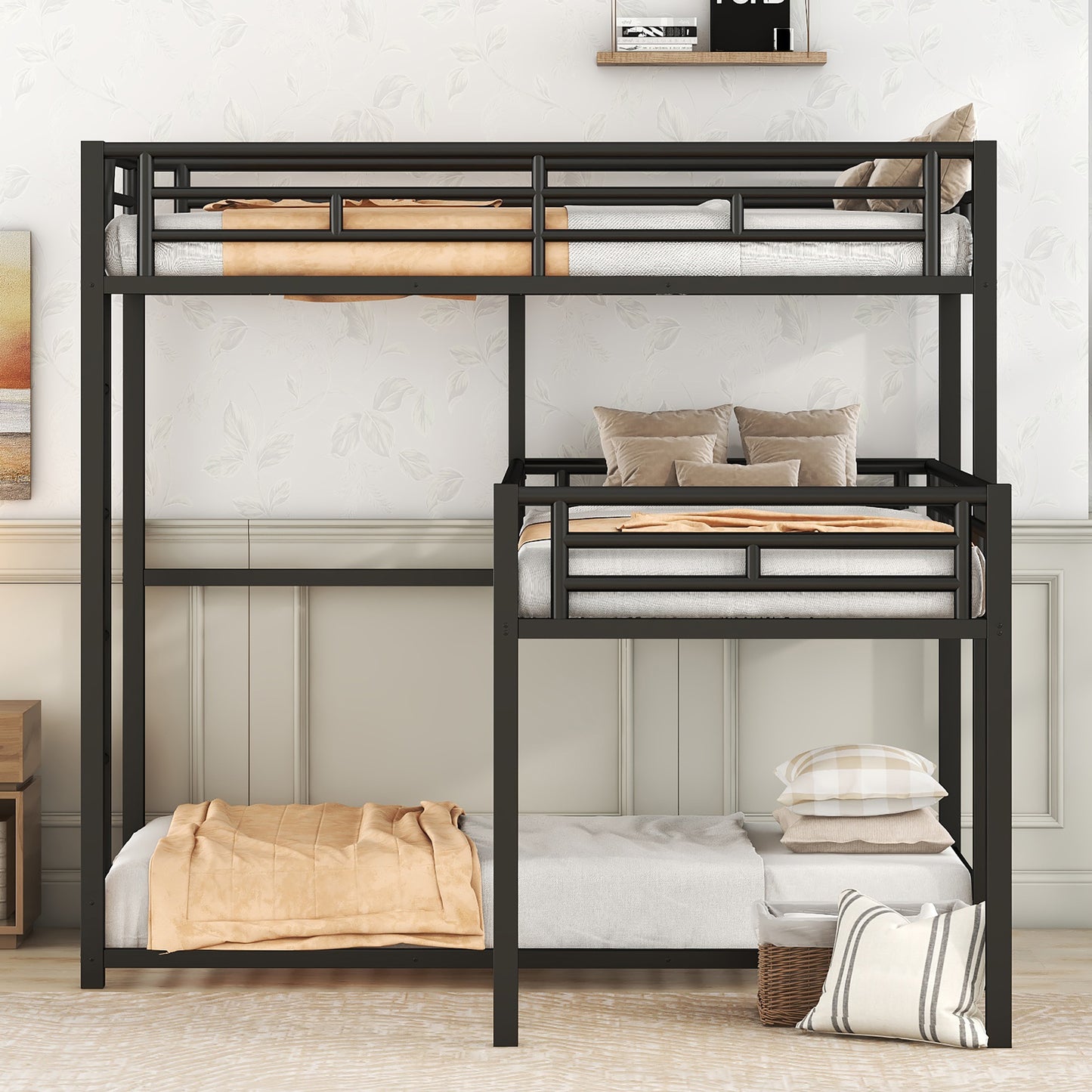 L-shaped Metal Triple Twin Size Bunk Bed, Black