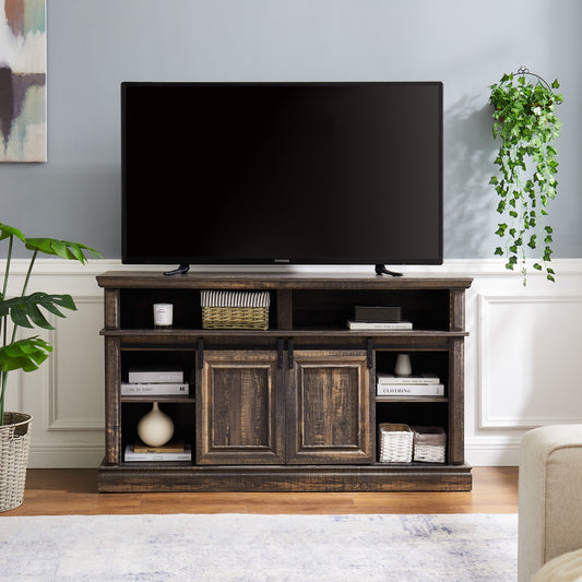 Mid Century Style Sliding Door TV Table with Storage Cabinet 58.11 * 15.79 * 32.36 inches Antique Brown