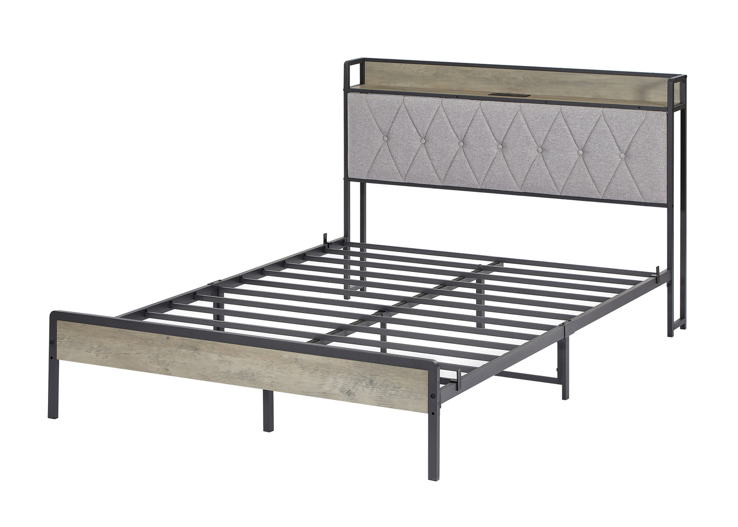 Bed frame with charging station full size, Grey, 83.1'' L x 56.1'' W x 39.2'' H.