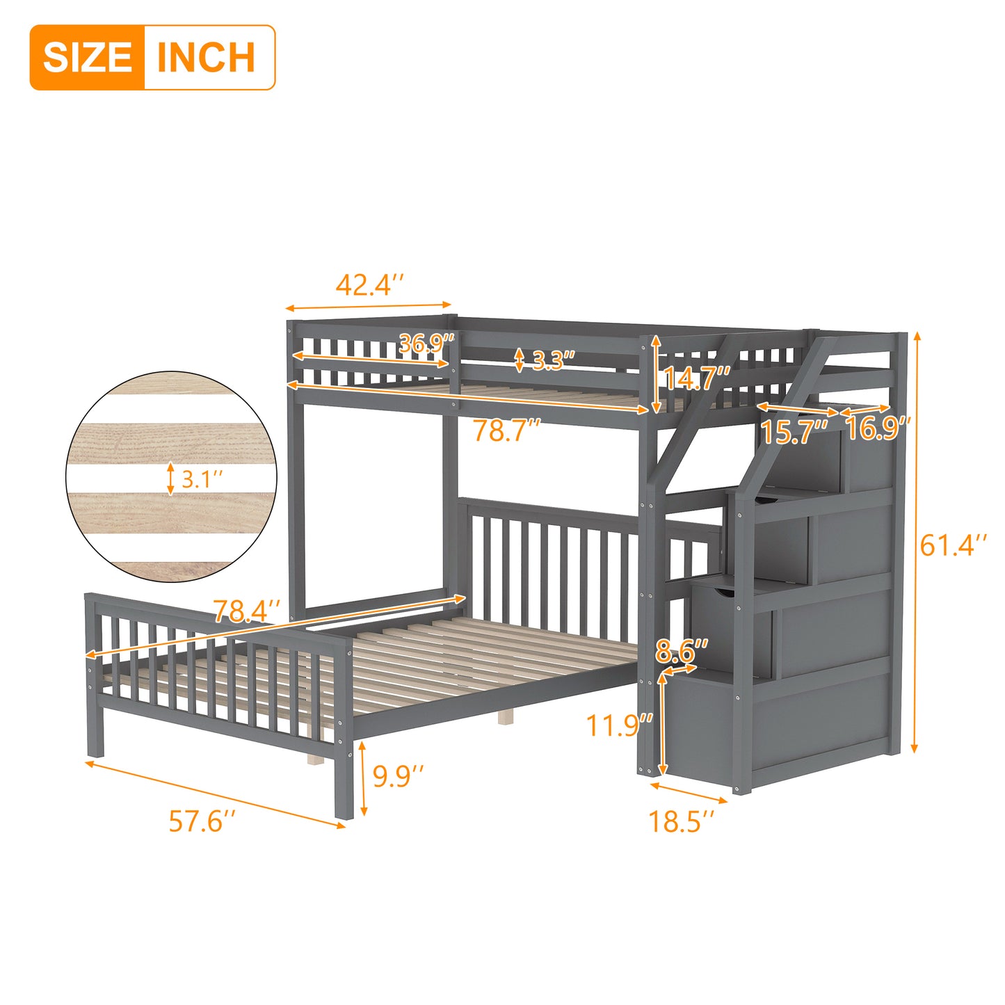 Twin over Full Loft Bed with Staircase Gray