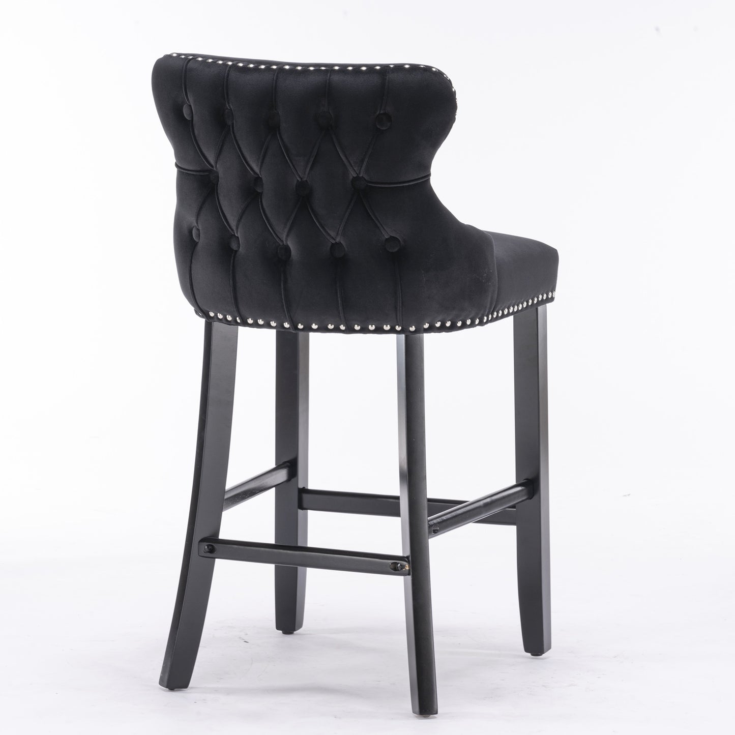 Velvet padded wing back bar stool with button cluster decoration and wooden leg chrome nail head decoration 2-piece set (black)