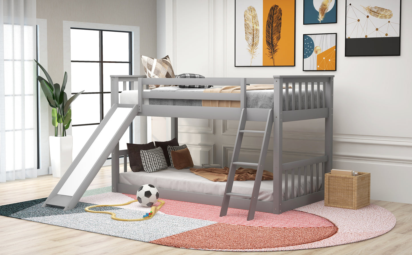 Twin over Twin Bunk Bed with Convertible Slide and Ladder  Gray