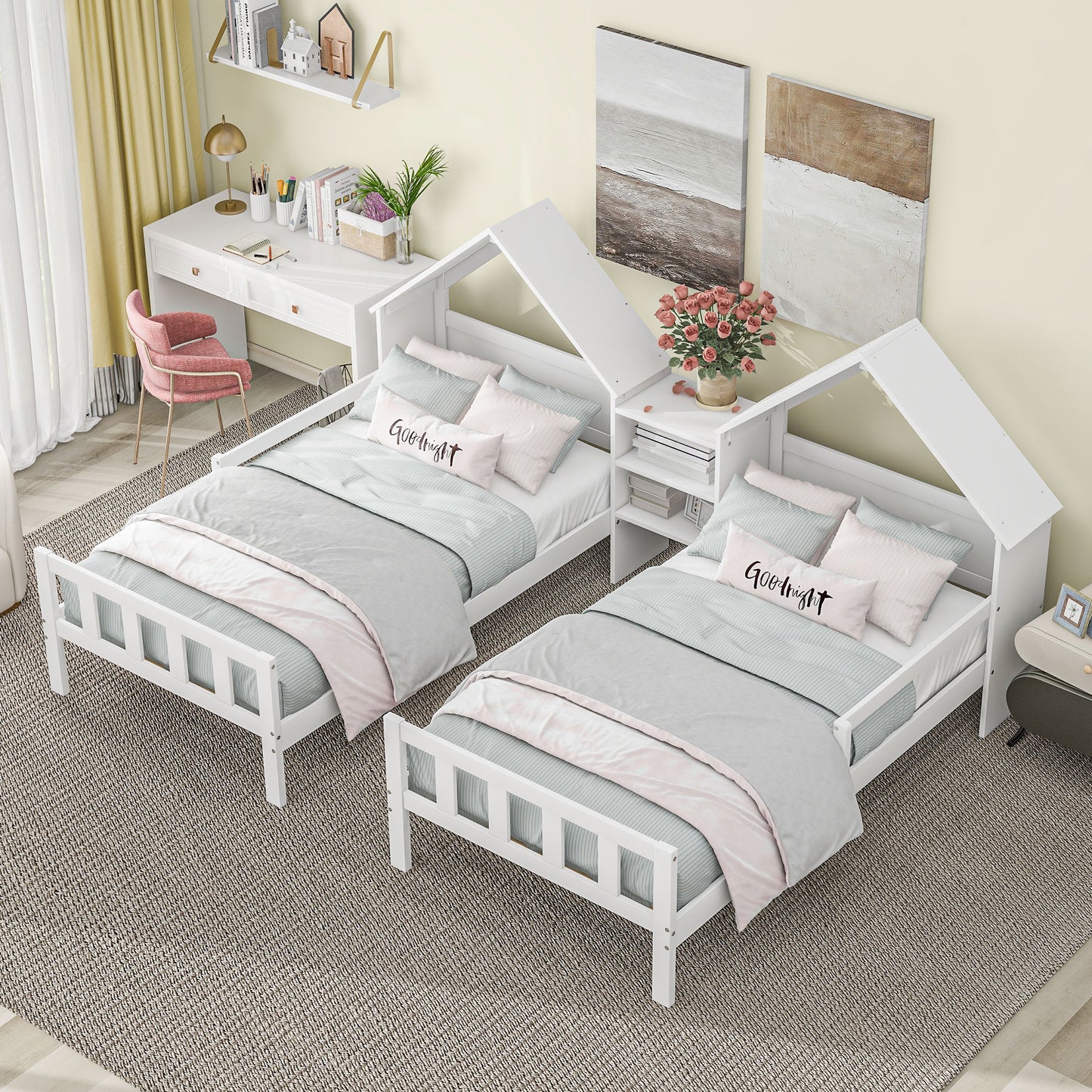 Double Twin Size Platform Bed with House-shaped Headboard and a Built-in Nightstand, White