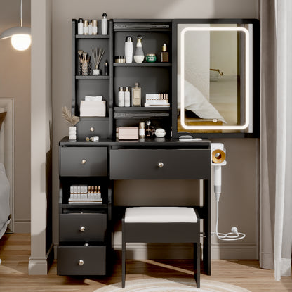 Left Drawer Desktop Vanity with Cushioned Stool, LED Mirror, and USB Power Stations