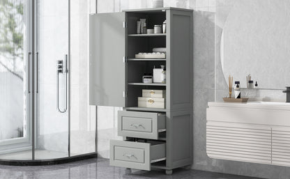 Tall Bathroom Storage Cabinet, Freestanding Storage Cabinet with Two Drawers and Adjustable Shelf, MDF Board , Grey