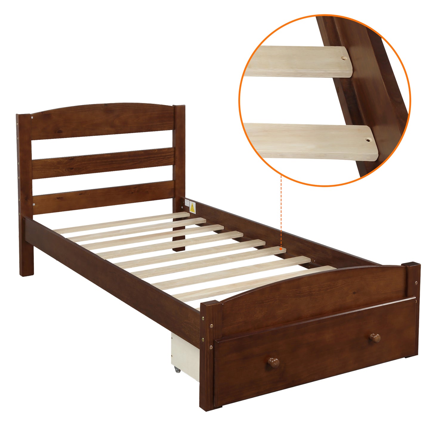 Platform Twin Bed Frame with Storage Drawer and Wood Slat Support No Box Spring Needed Walnut