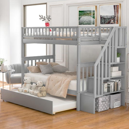 Twin Over Twin Bunk Bed with Trundle Gray