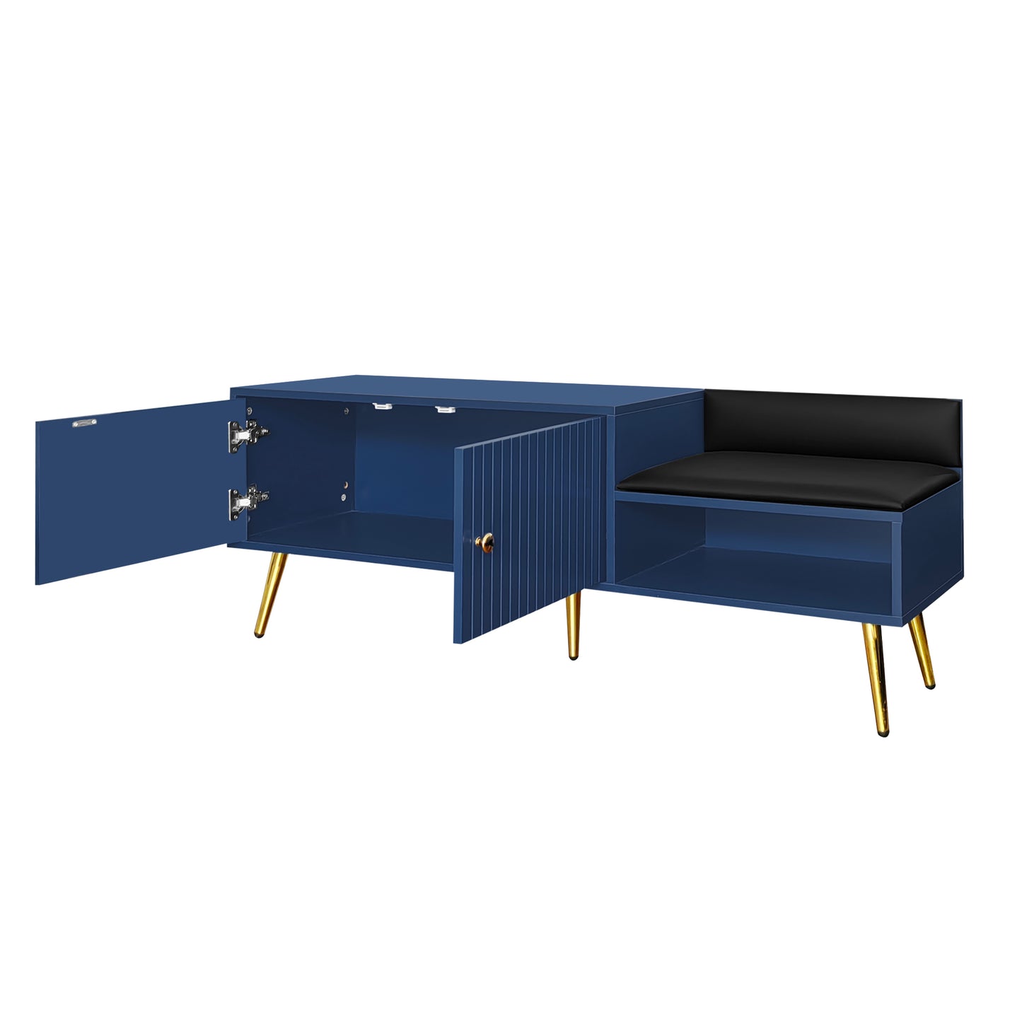 Modern Shoe Storage Bench with Hidden Storage and Upholstered Cushions, Navy Finish