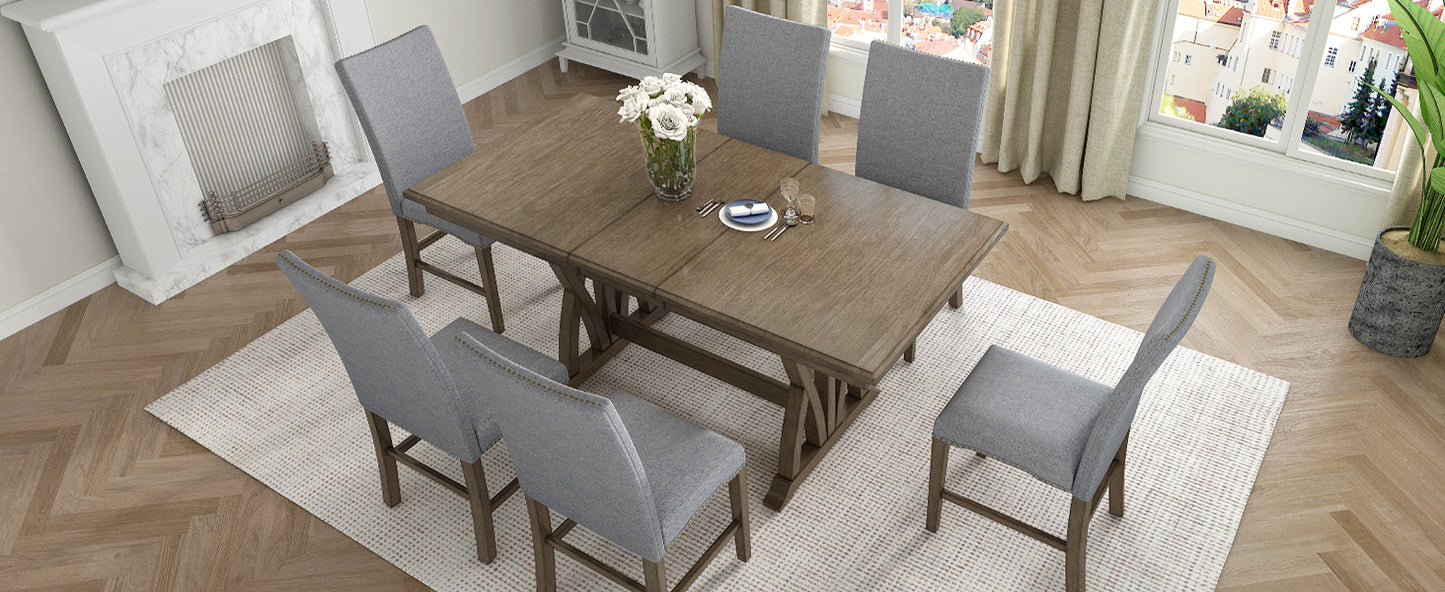 TOPMAX Mid-Century Solid Wood 7-Piece Expandable Dining Table Set with Soft Cushioned Chairs, Gold Brown and Gray