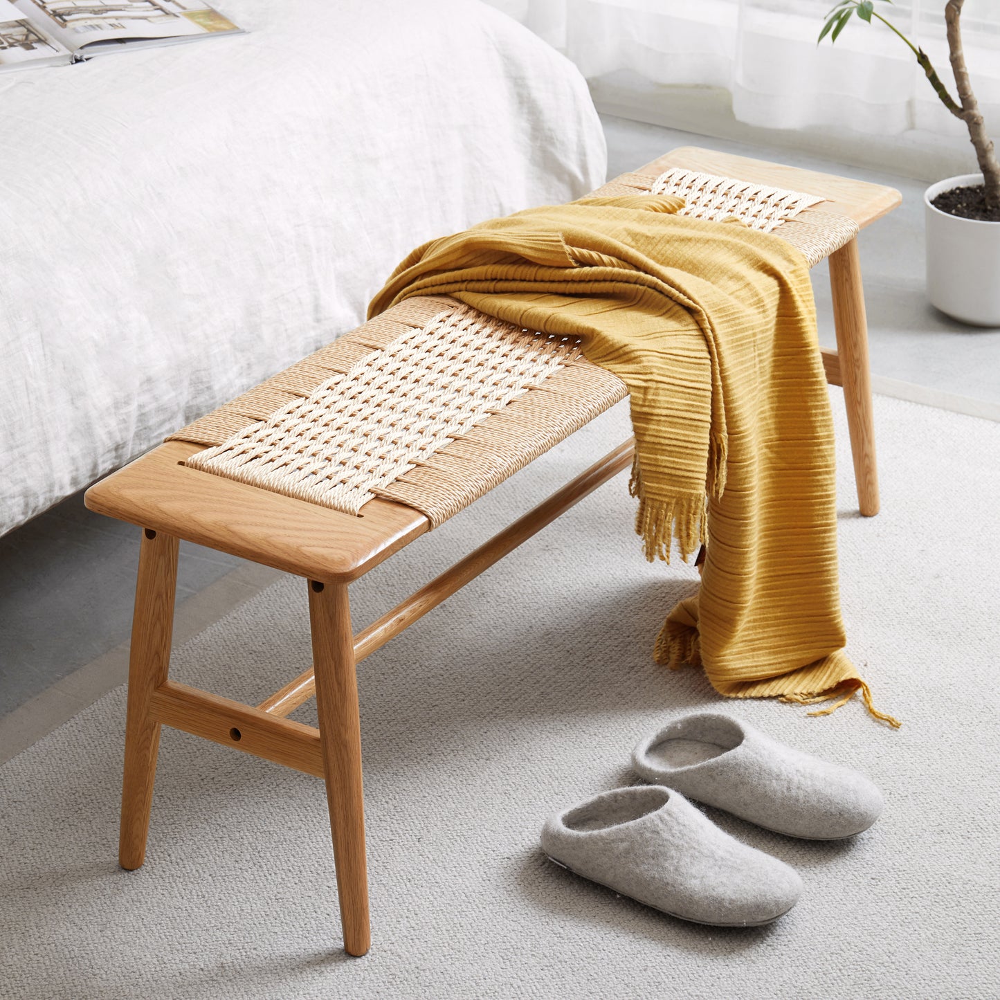 Banco de comedor de madera de roble natural con diseño tejido, perfecto para comedores, dormitorios y baños