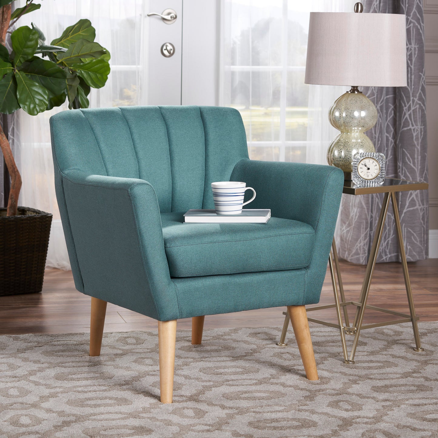 Mid-Century Modern Fabric Club Chair, Dark Teal and Natural Finish, Perfect for Living Rooms